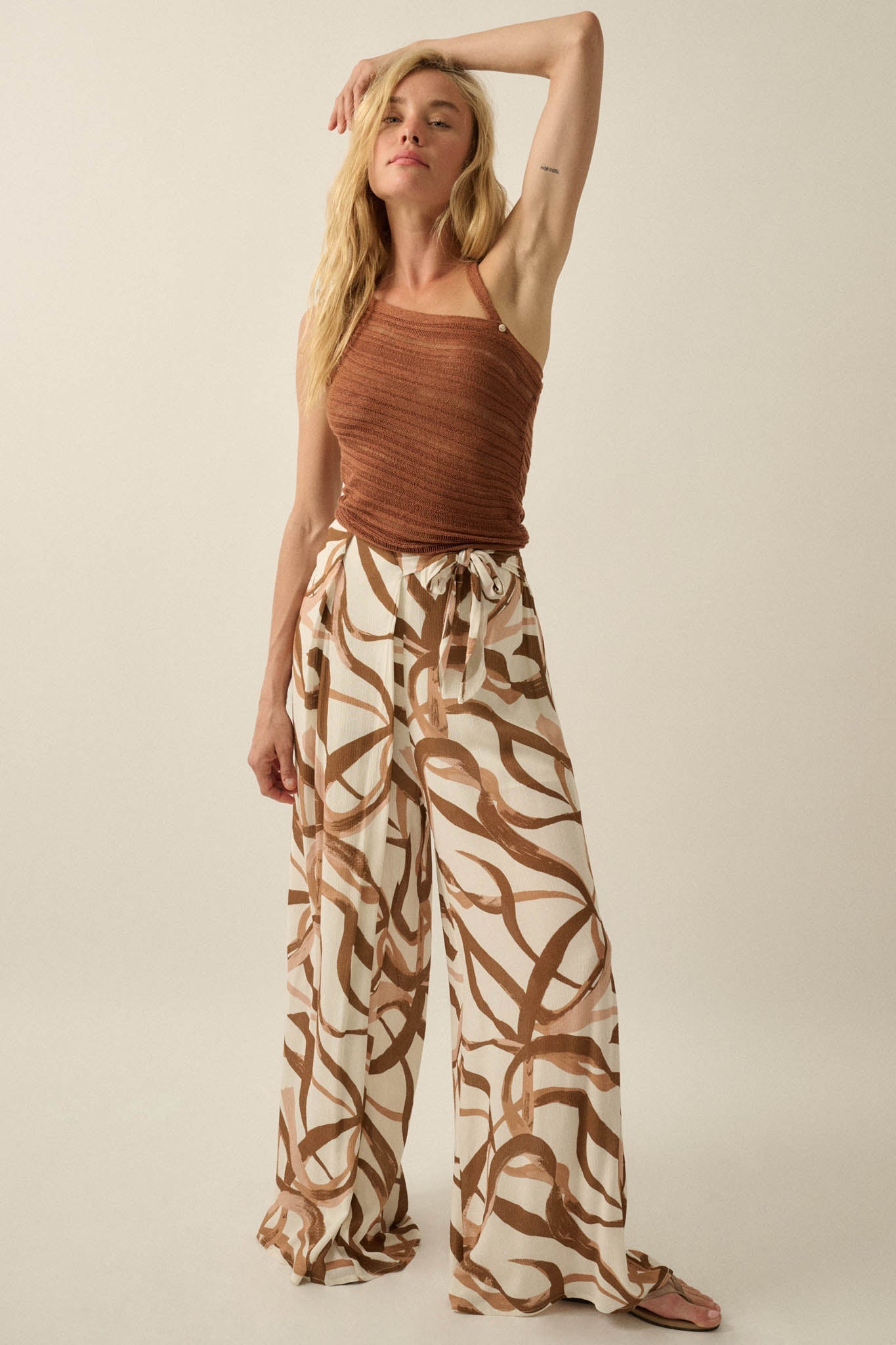 Loose Ends Ribbon-Print Wide-Leg Wrap Pants