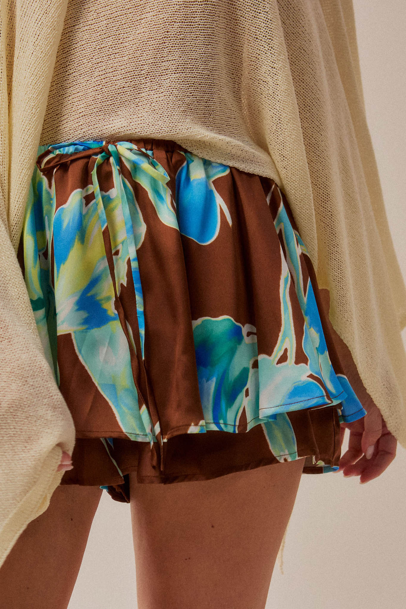 Iris Bloom Floral Satin Drawstring Mini Skort