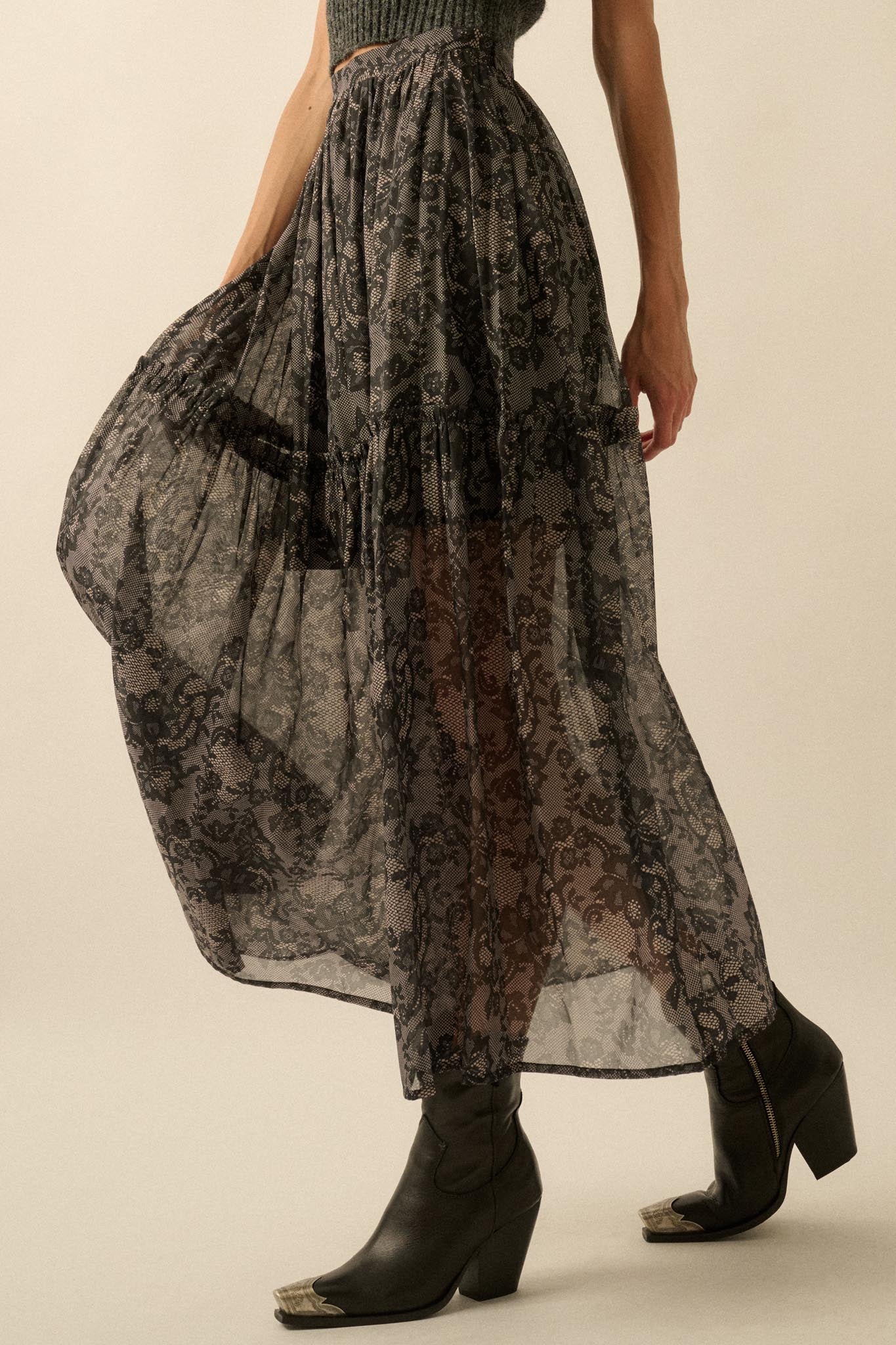 Into the Night Lace-Print Organza Maxi Skirt