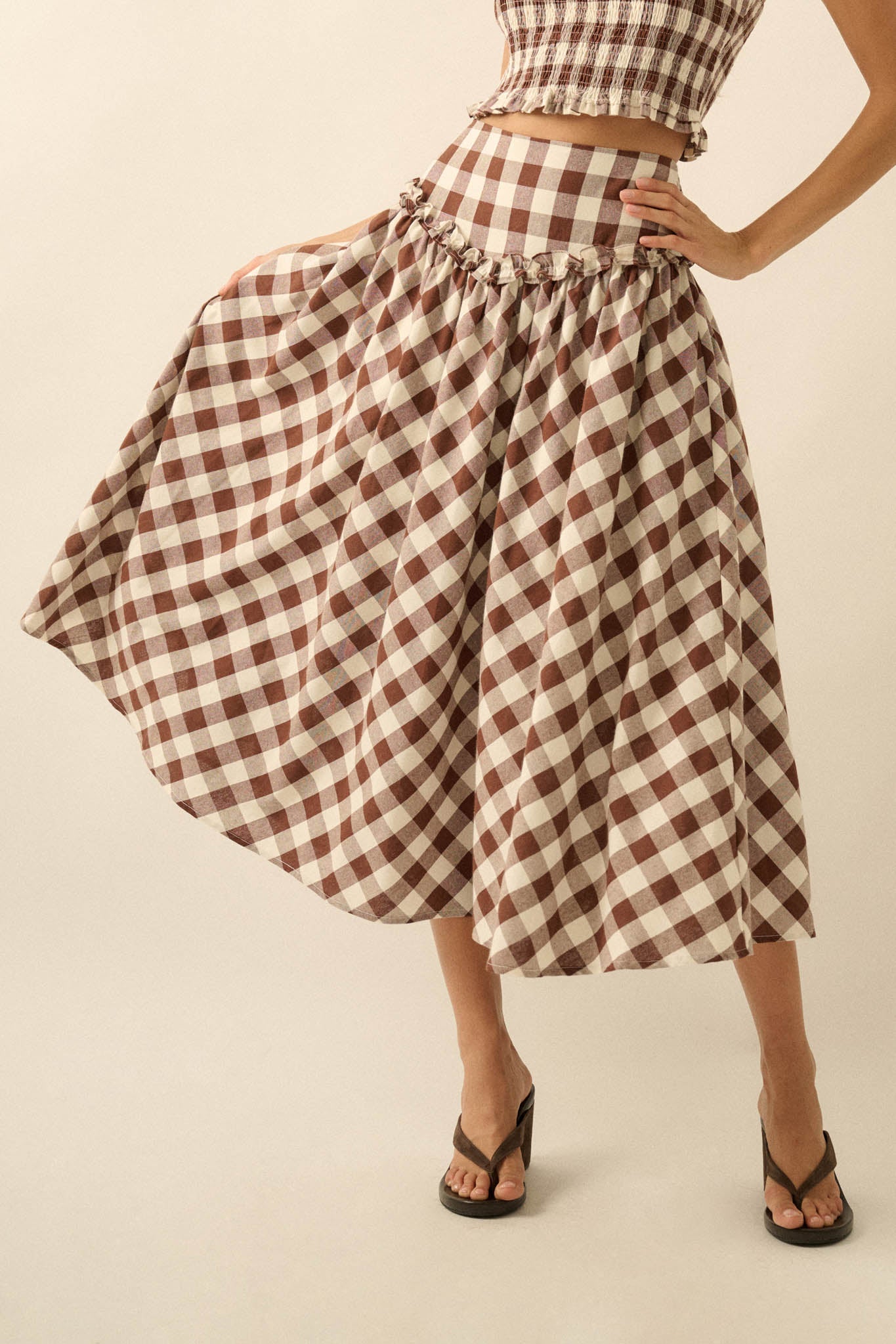 Delicious Days Gingham Plaid Drop-Waist Midi Skirt