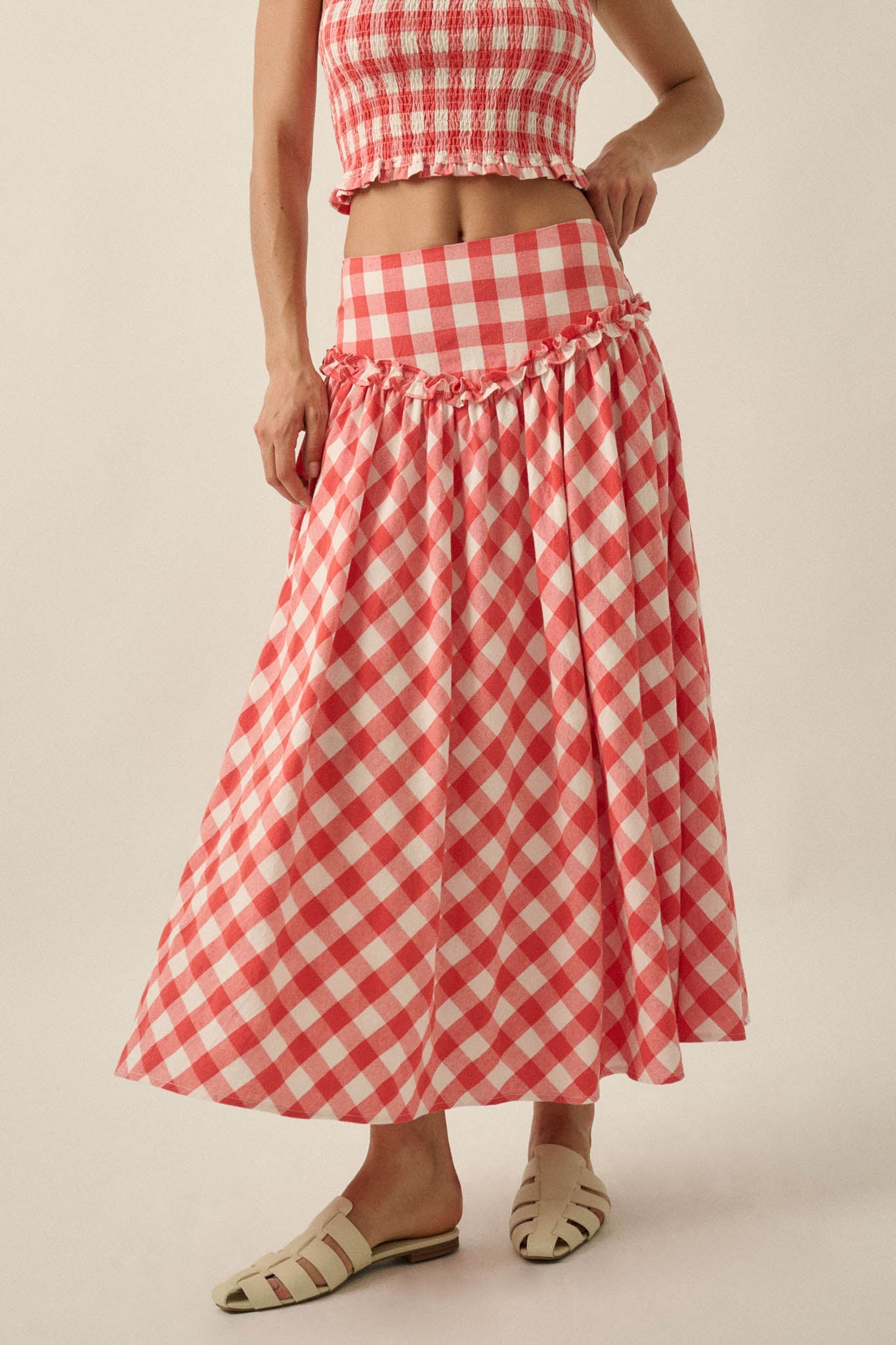 Delicious Days Gingham Plaid Drop-Waist Midi Skirt