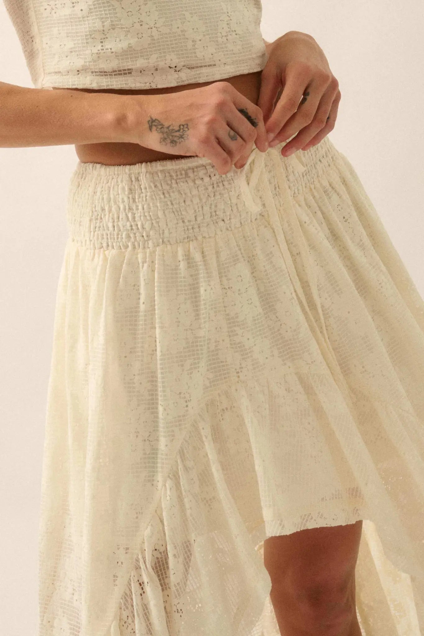 Pure Air Floral Lace Asymmetrical Ruffle Maxi Skirt