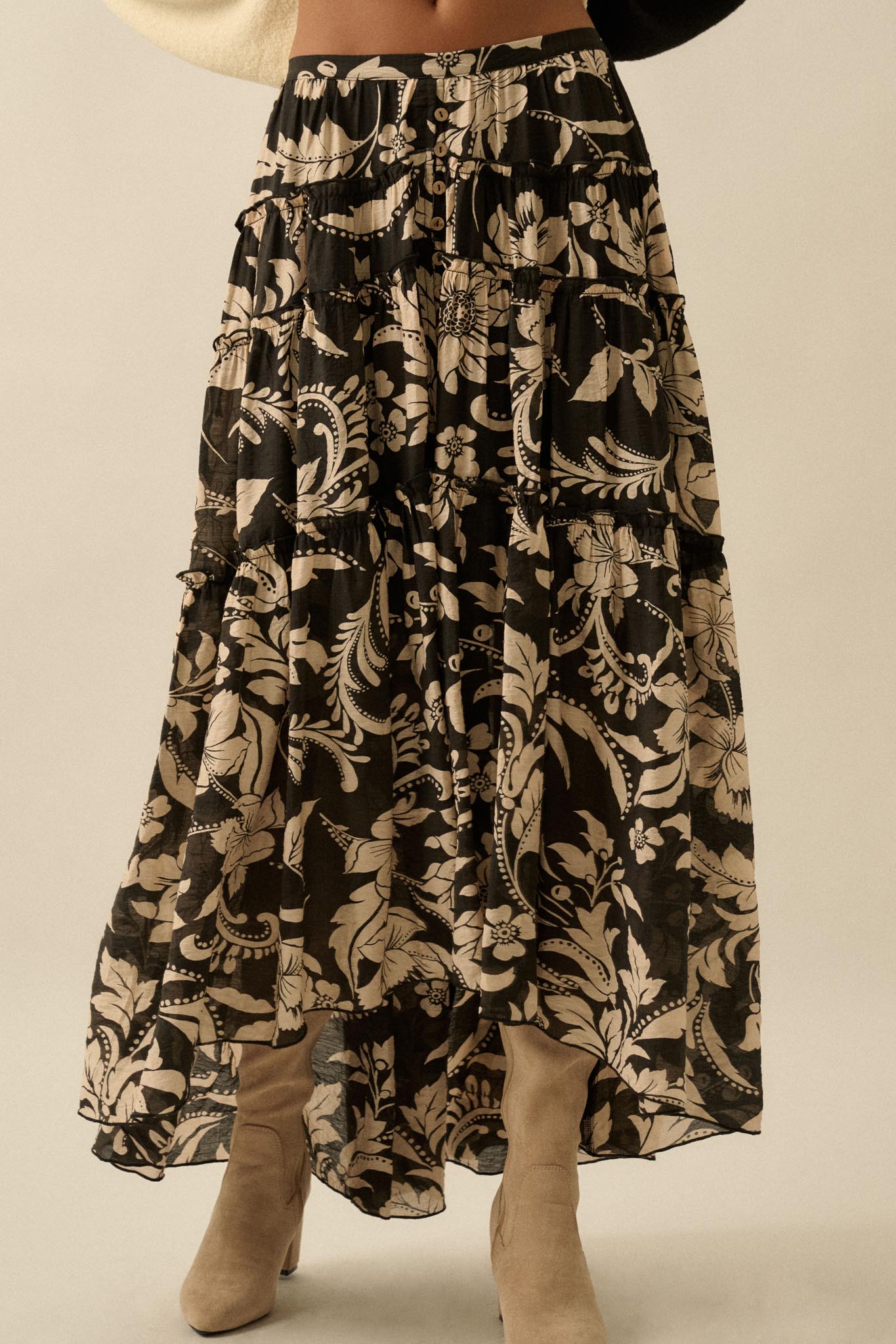 Bohemian Bouquet Floral Chiffon Tiered Maxi Skirt