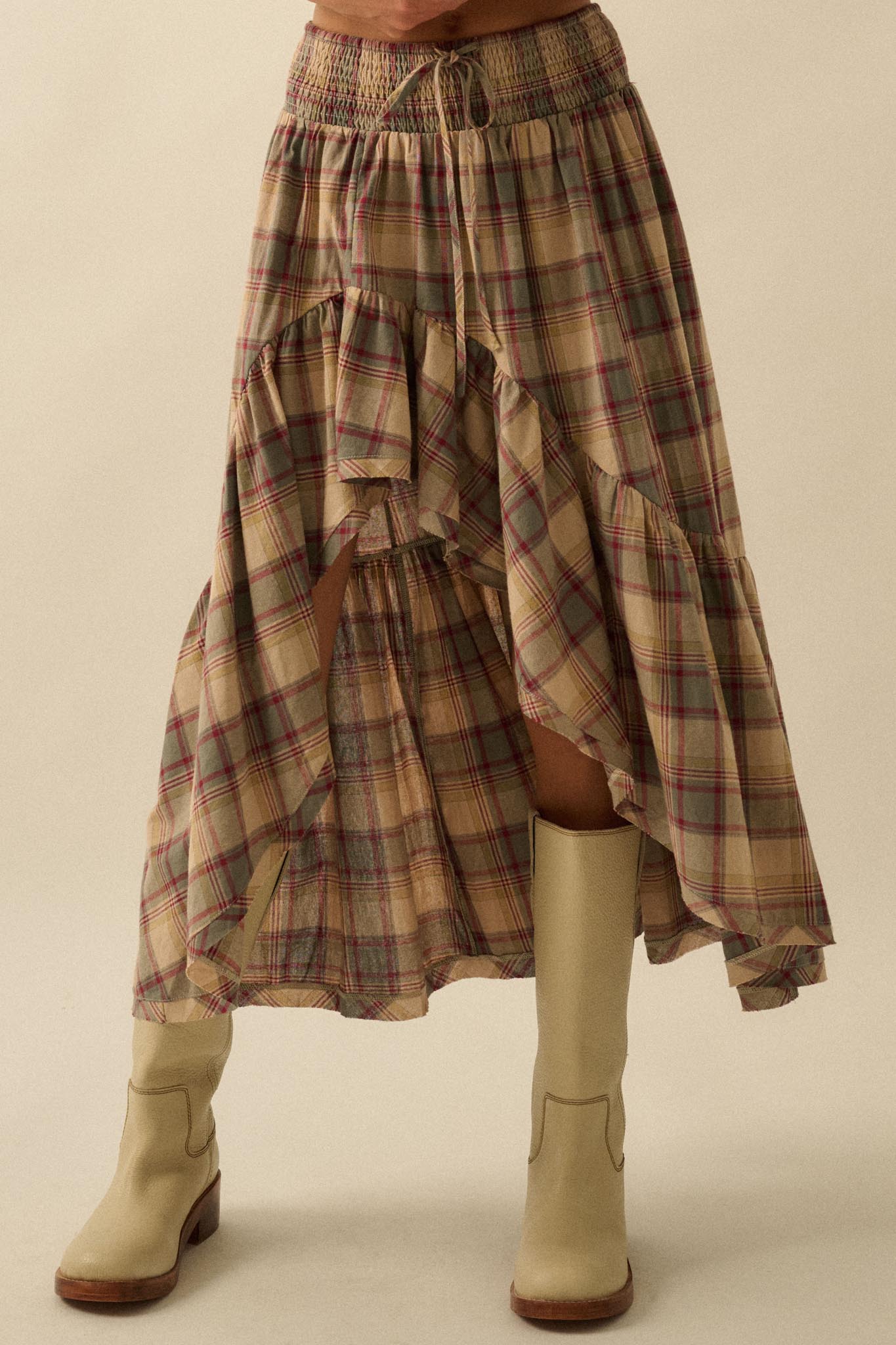 Country Mile Plaid High-Low Ruffle Maxi Skirt