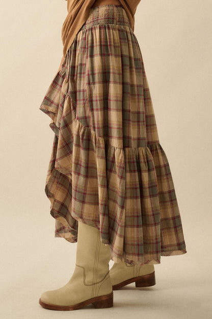 Country Mile Plaid High-Low Ruffle Maxi Skirt