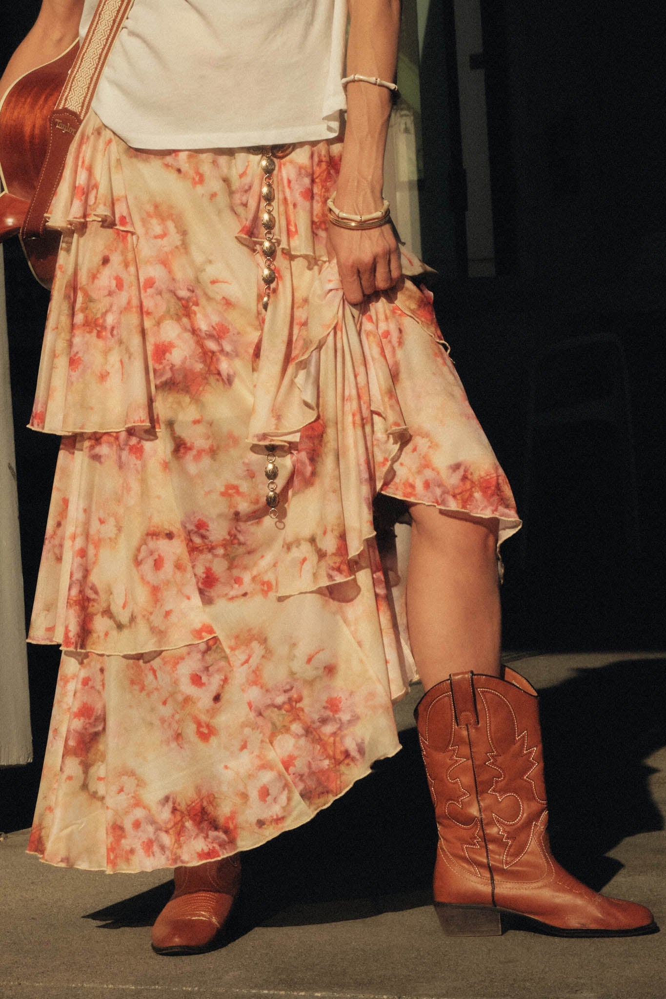 Rosy Blooms Floral Mesh Tiered Ruffle Maxi Skirt