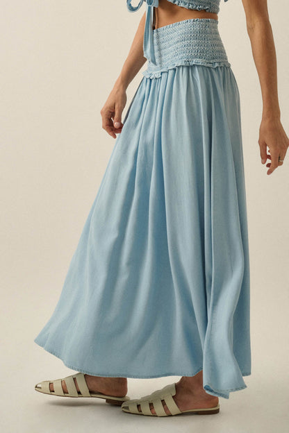 Forever Blue Denim Drop-Waist Smocked Maxi Skirt