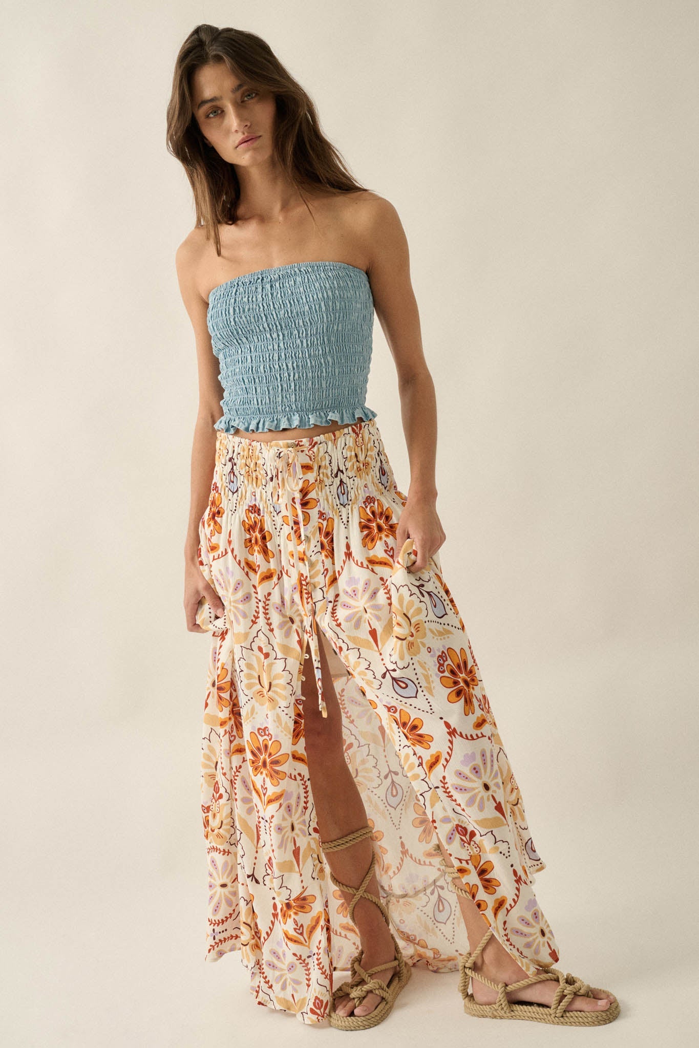 Exotic Garden Medallion-Print Button-Front Maxi Skirt