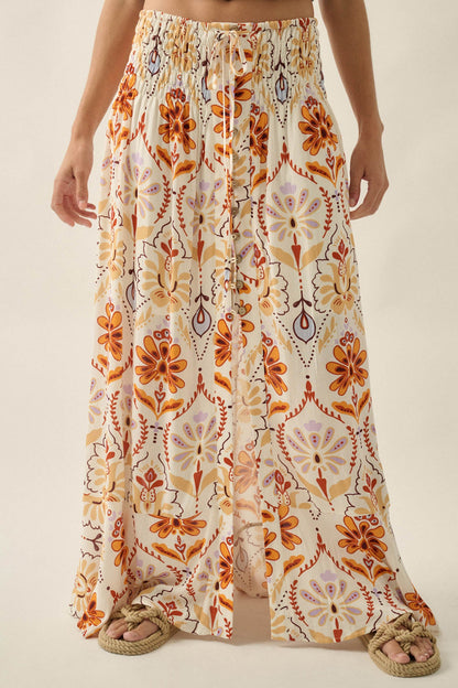 Exotic Garden Medallion-Print Button-Front Maxi Skirt