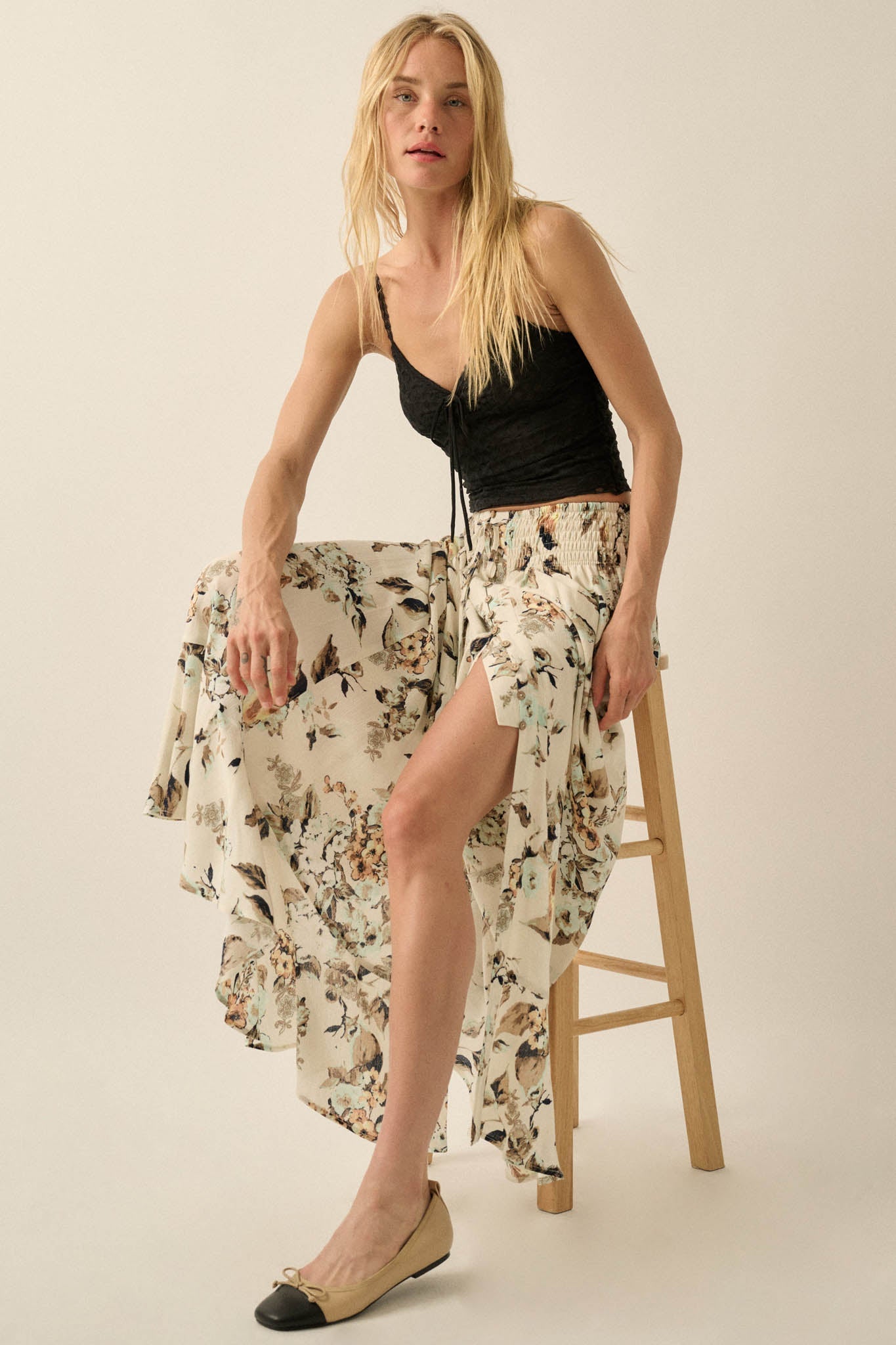 Flores Bonitas Floral Button-Front Maxi Skirt