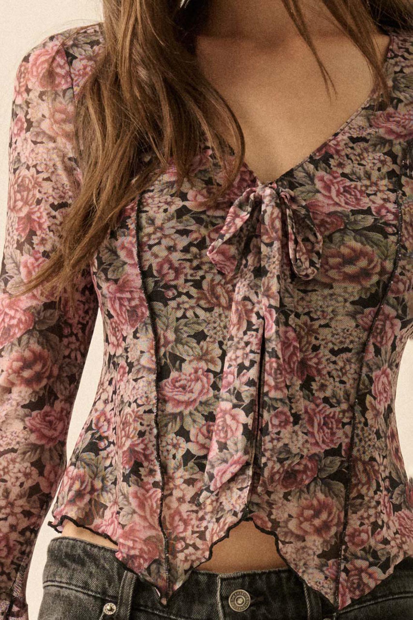 Rose Knows Floral Mesh Tie-Front Bell-Sleeve Top