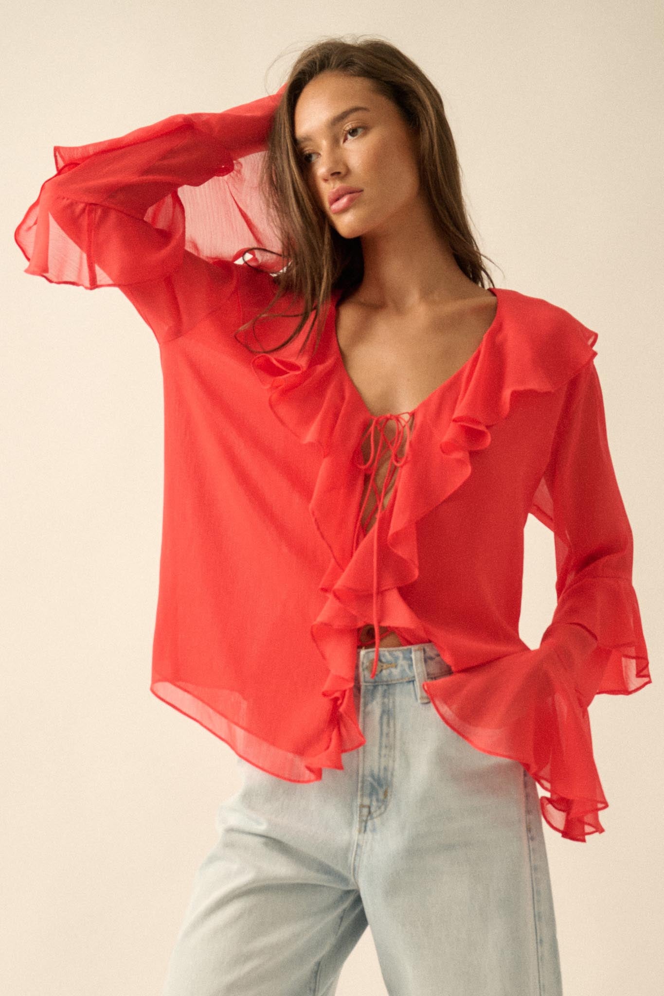Romance Language Ruffled Chiffon Tie-Front Top