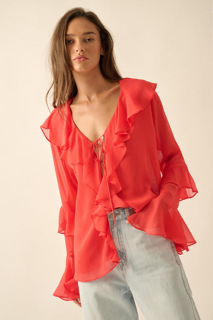 Romance Language Ruffled Chiffon Tie-Front Top