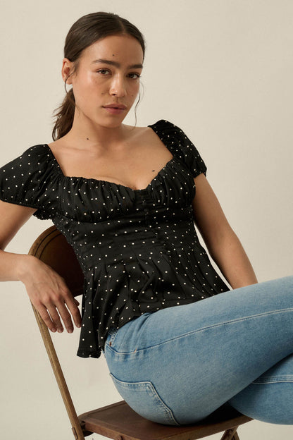 On the Dot Polka Dot Satin Puff-Sleeve Peplum Top
