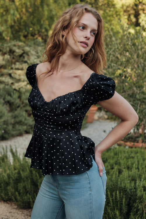 On the Dot Polka Dot Satin Puff-Sleeve Peplum Top