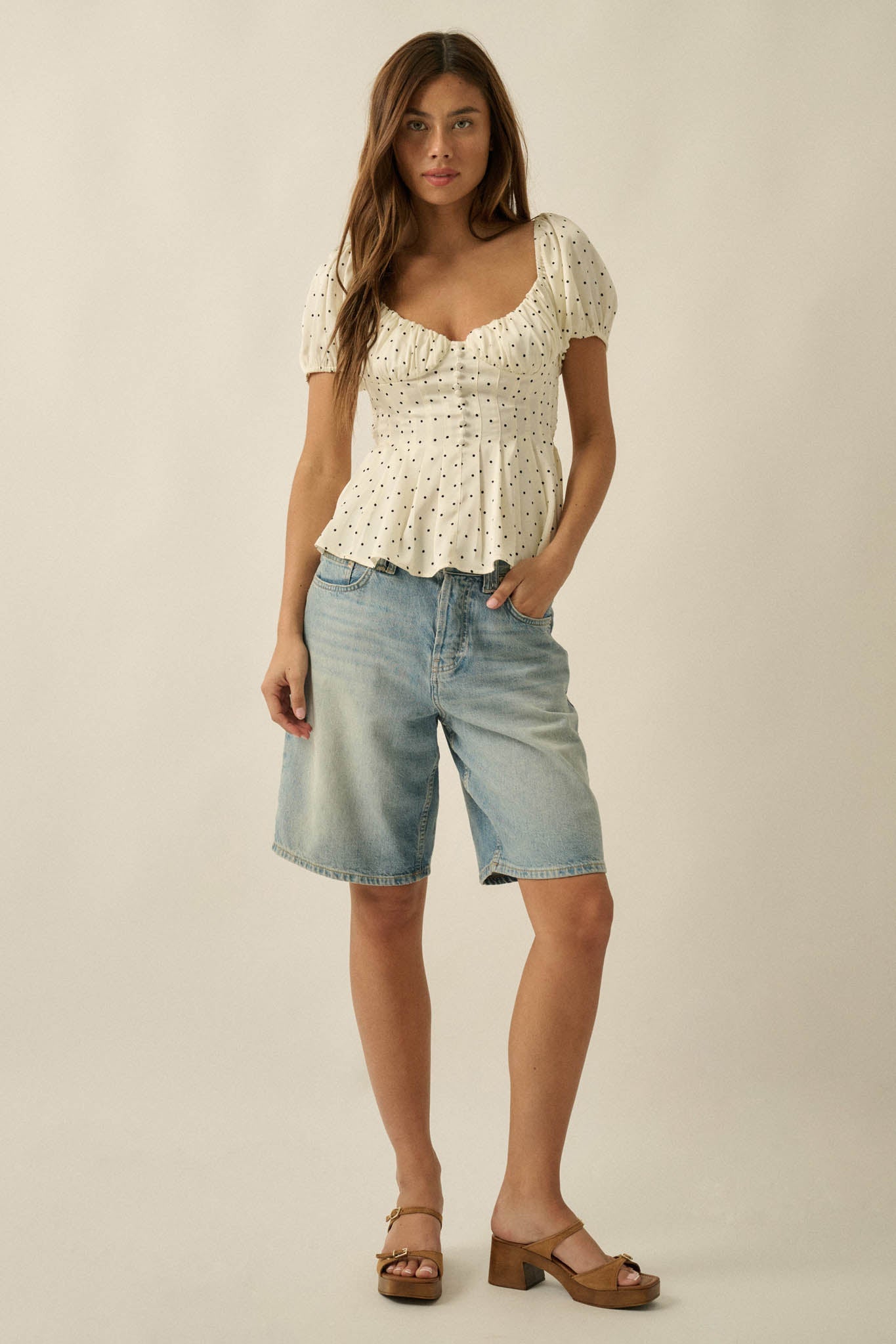 On the Dot Polka Dot Satin Puff-Sleeve Peplum Top