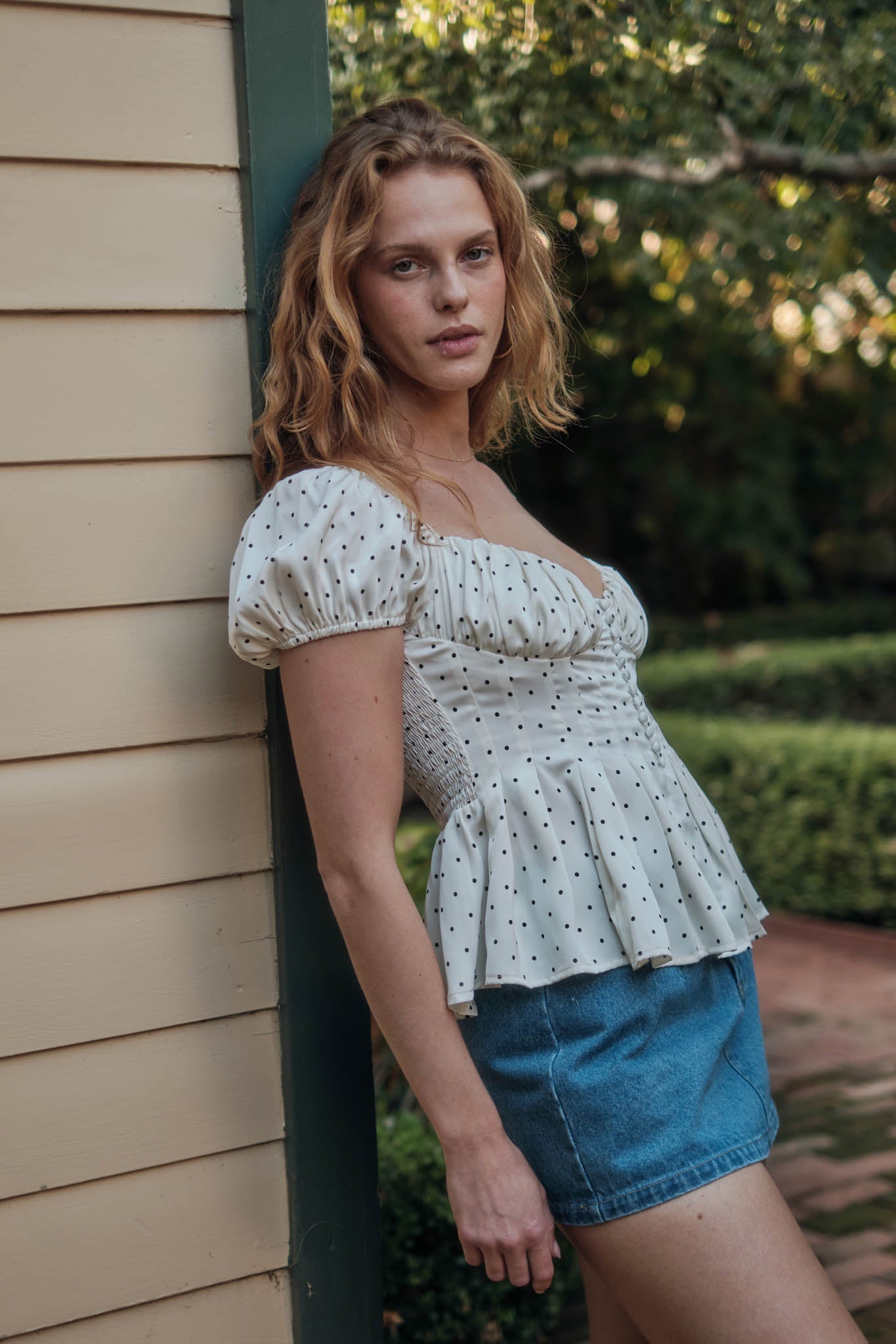 On the Dot Polka Dot Satin Puff-Sleeve Peplum Top