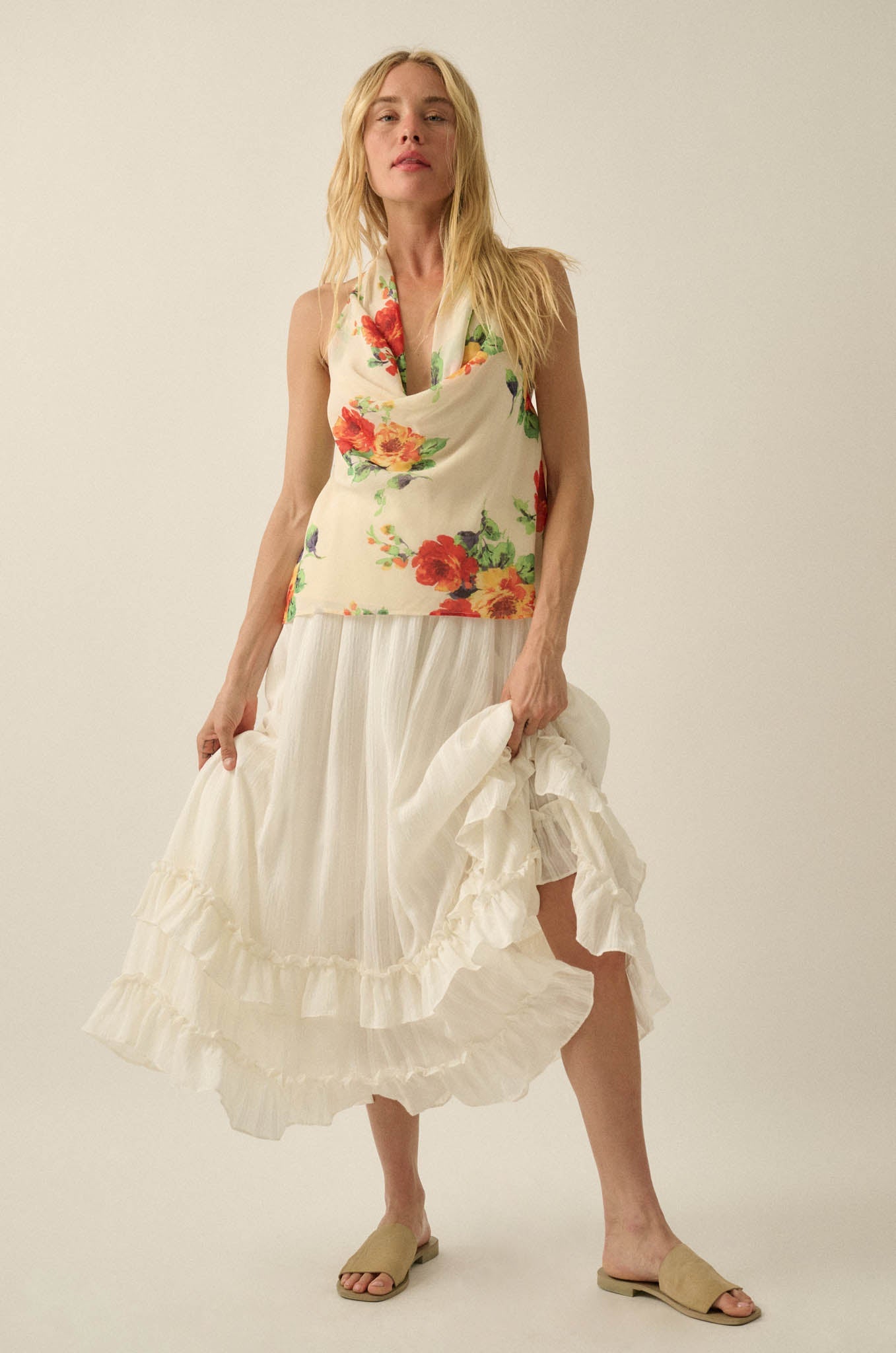 Magical Blooms Floral Chiffon Cowl-Neck Halter Top