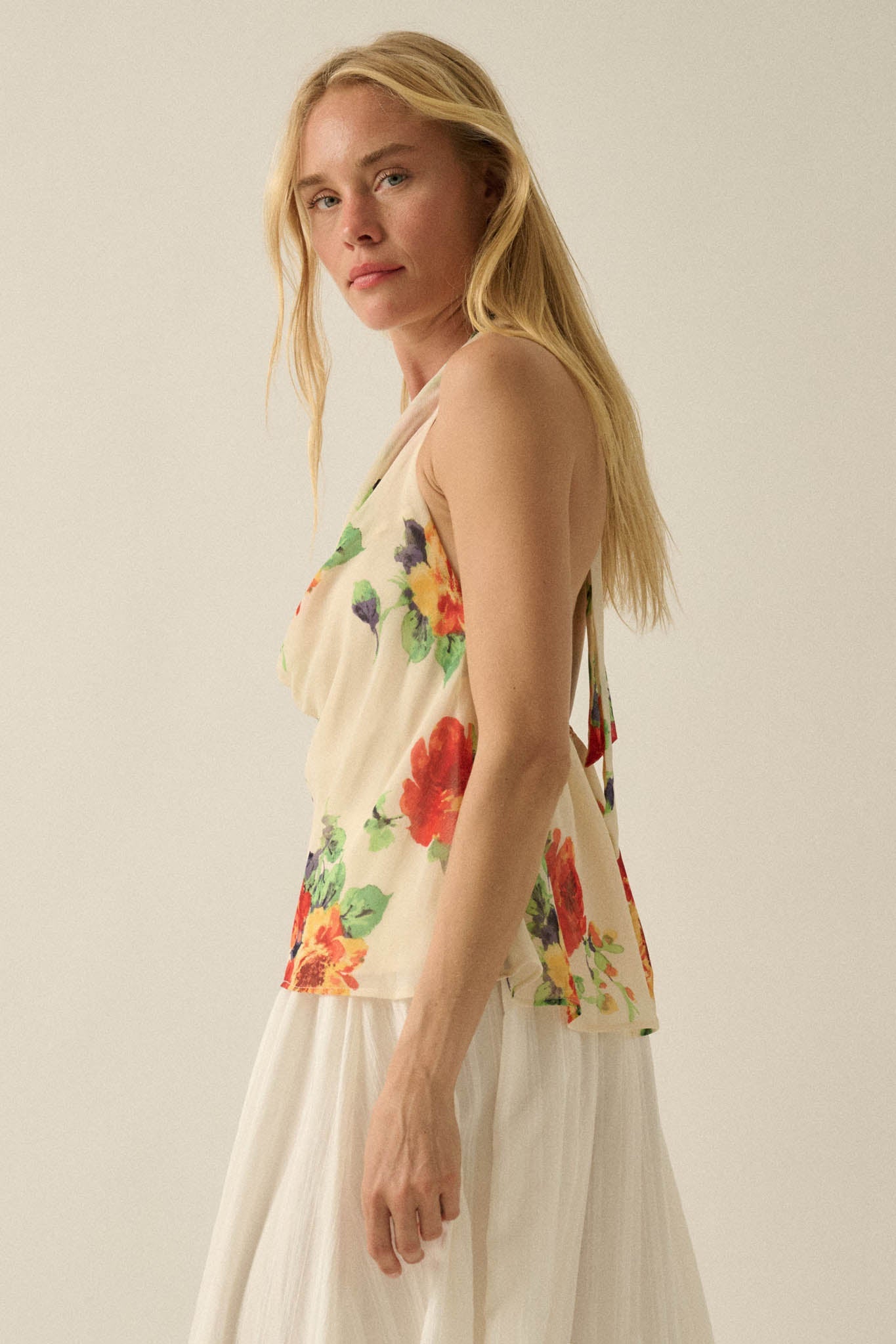Magical Blooms Floral Chiffon Cowl-Neck Halter Top