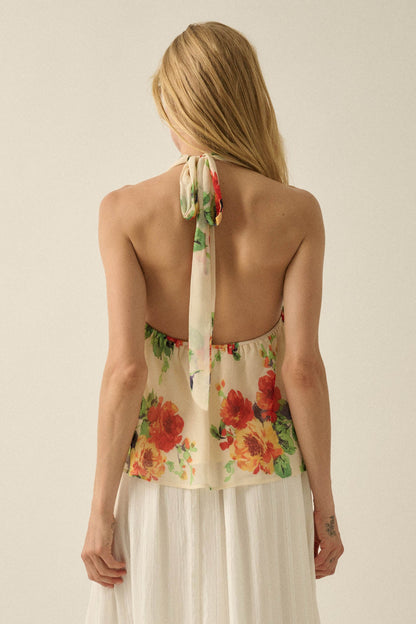 Magical Blooms Floral Chiffon Cowl-Neck Halter Top