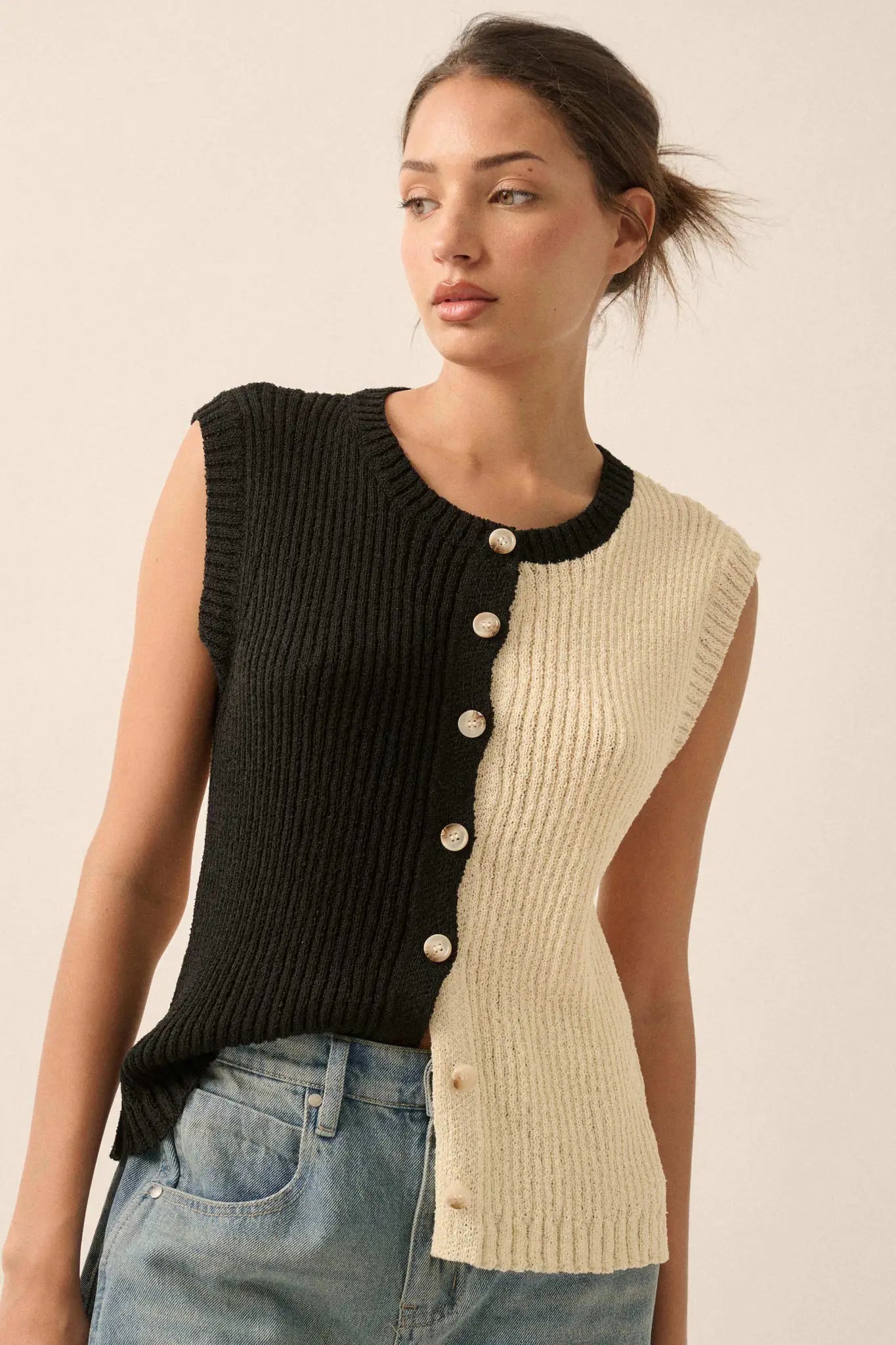 Double Date Colorblock Knit Buttoned Sweater Vest