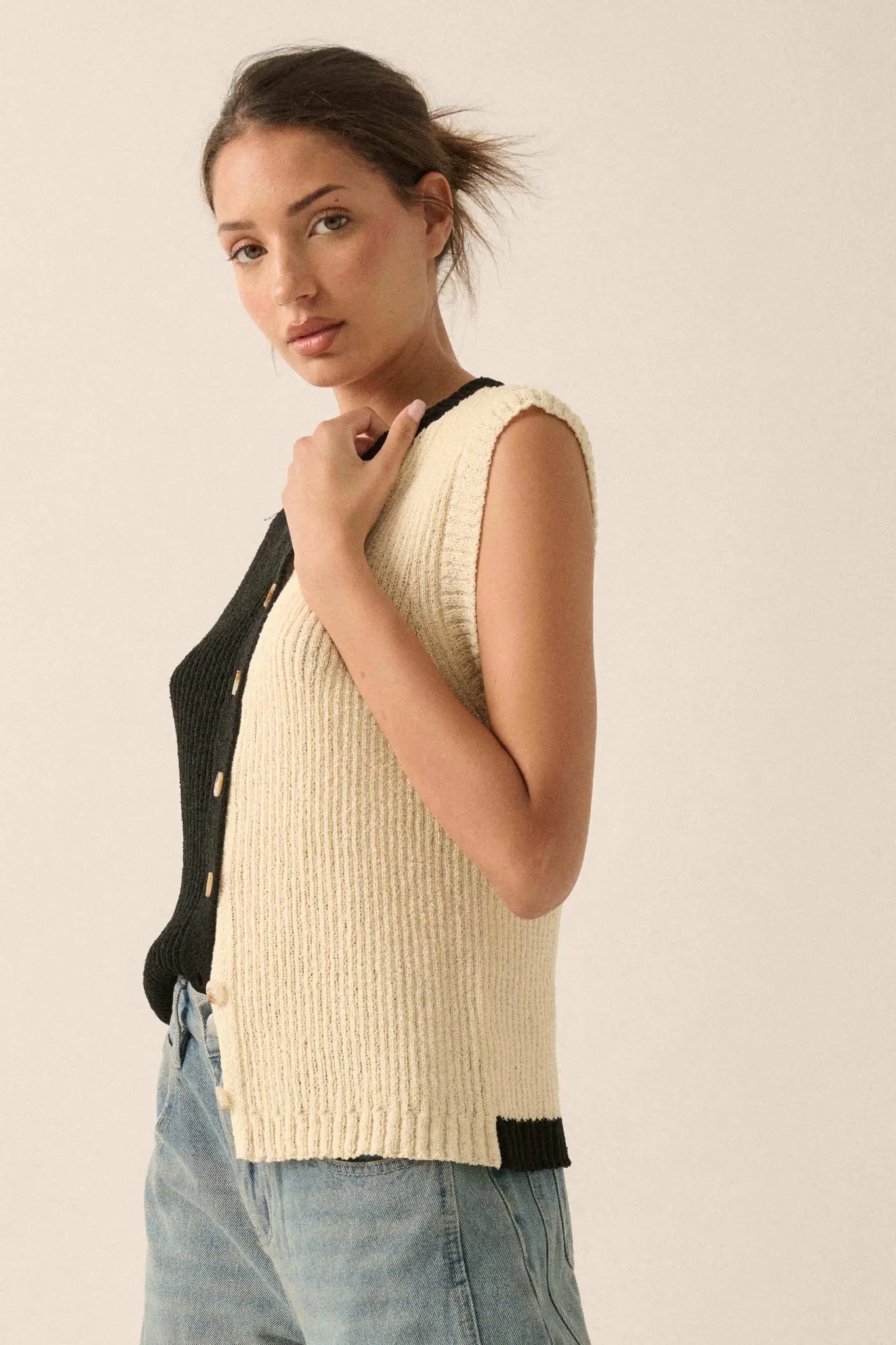 Double Date Colorblock Knit Buttoned Sweater Vest