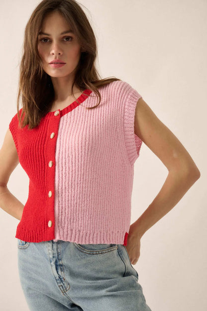Double Date Colorblock Knit Buttoned Sweater Vest