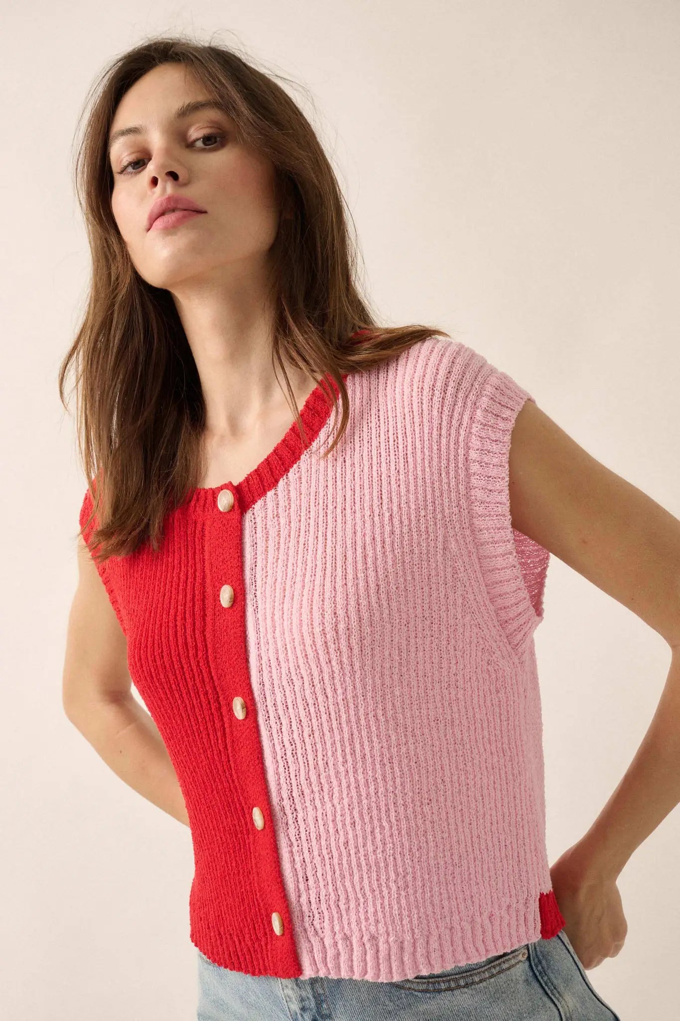 Double Date Colorblock Knit Buttoned Sweater Vest