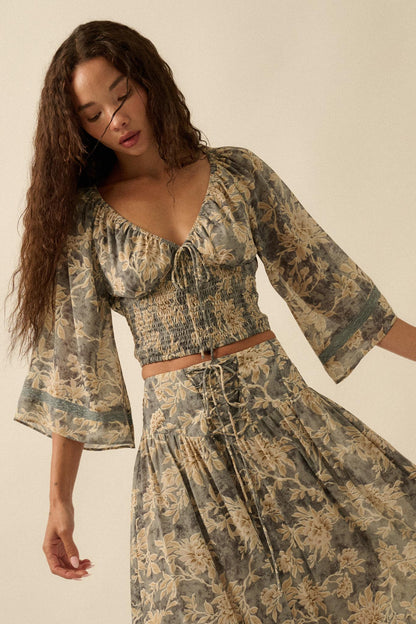 Dearest Love Floral Chiffon Cropped Peasant Top