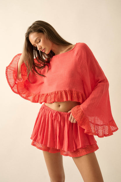 Fancy Free Cotton Gauze and Lace Angel-Sleeve Top
