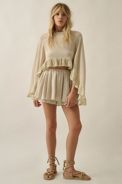 Fancy Free Cotton Gauze and Lace Angel-Sleeve Top