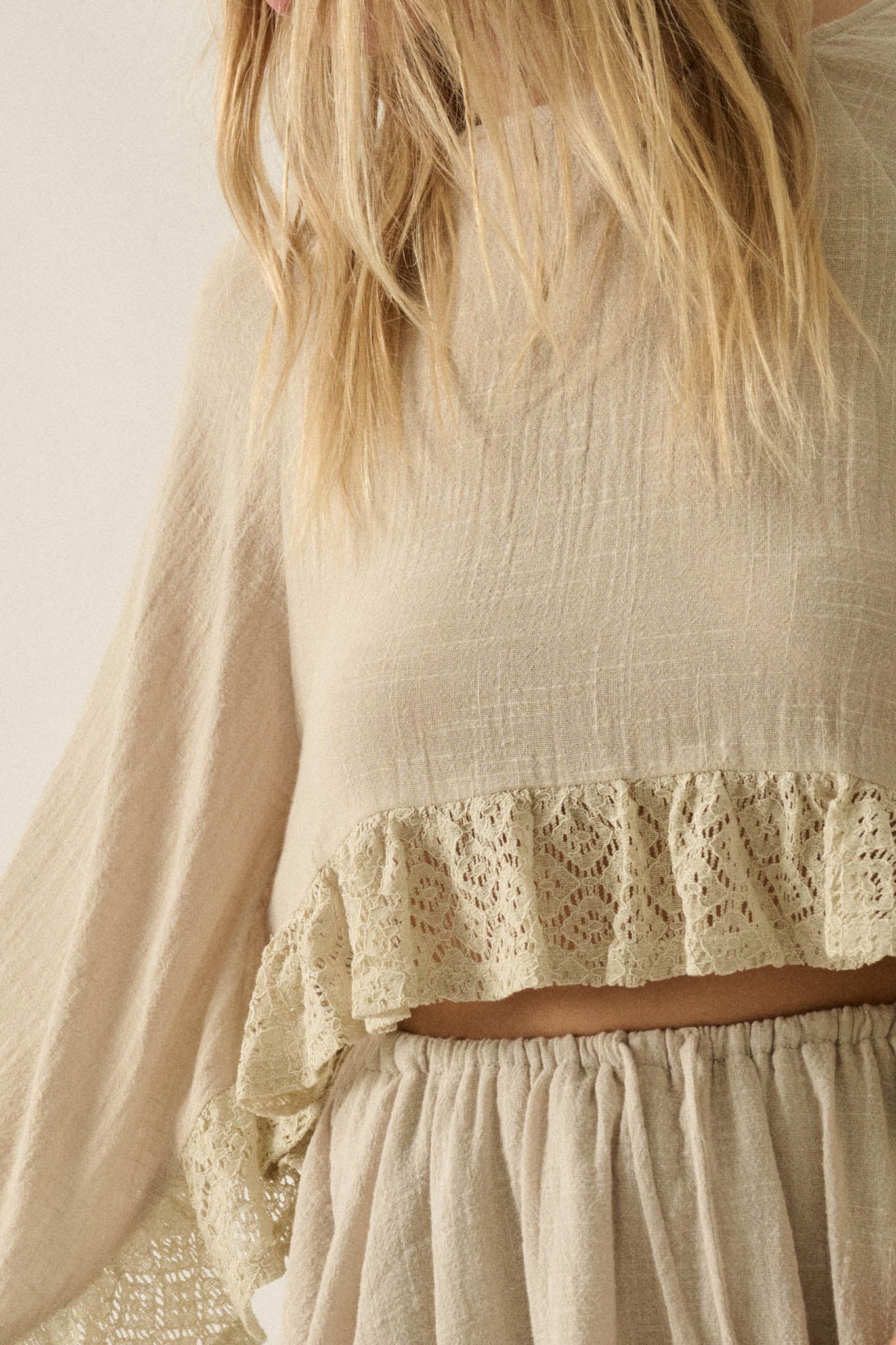Fancy Free Cotton Gauze and Lace Angel-Sleeve Top