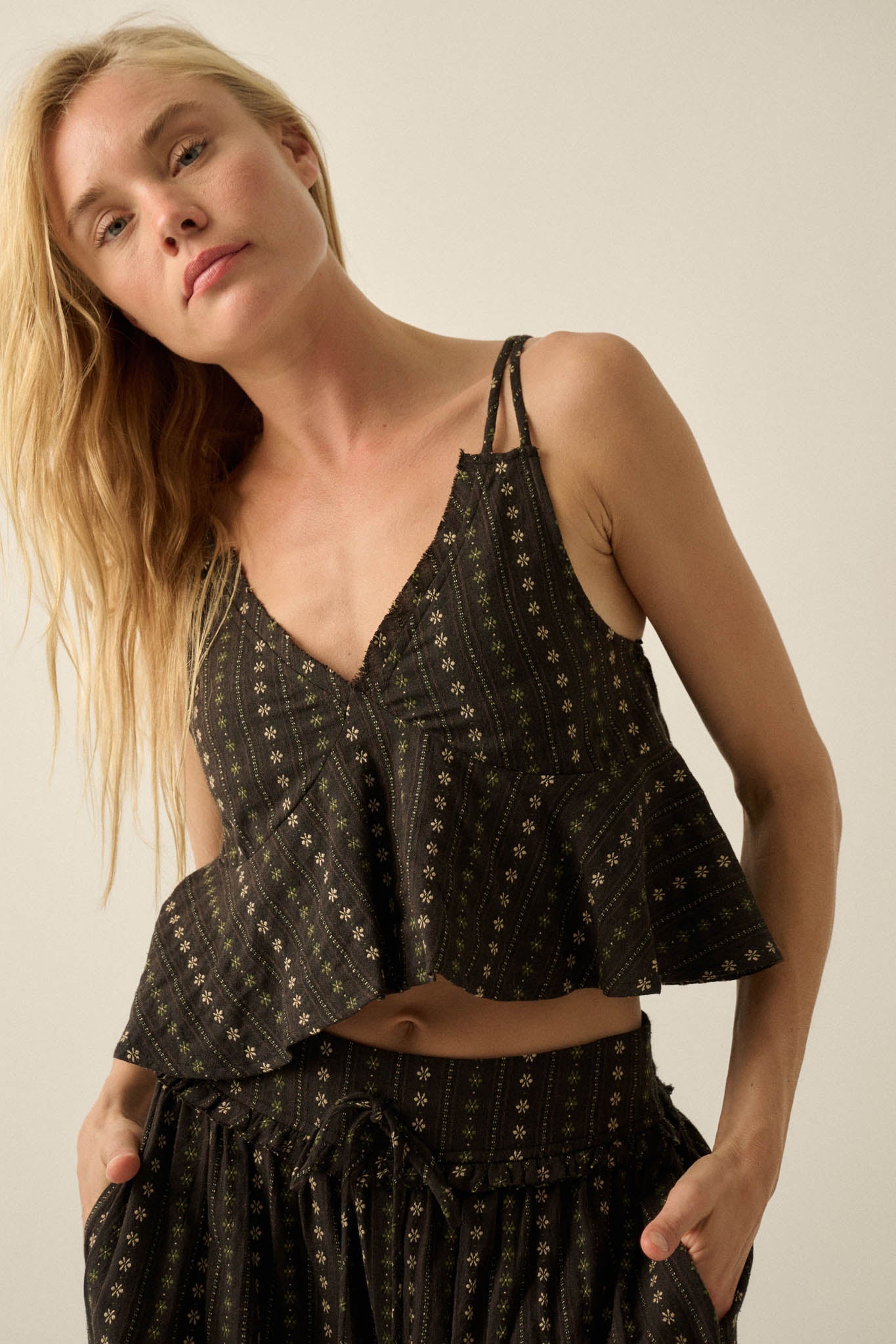 Market Day Floral-Stripe Cotton Babydoll Cami Top