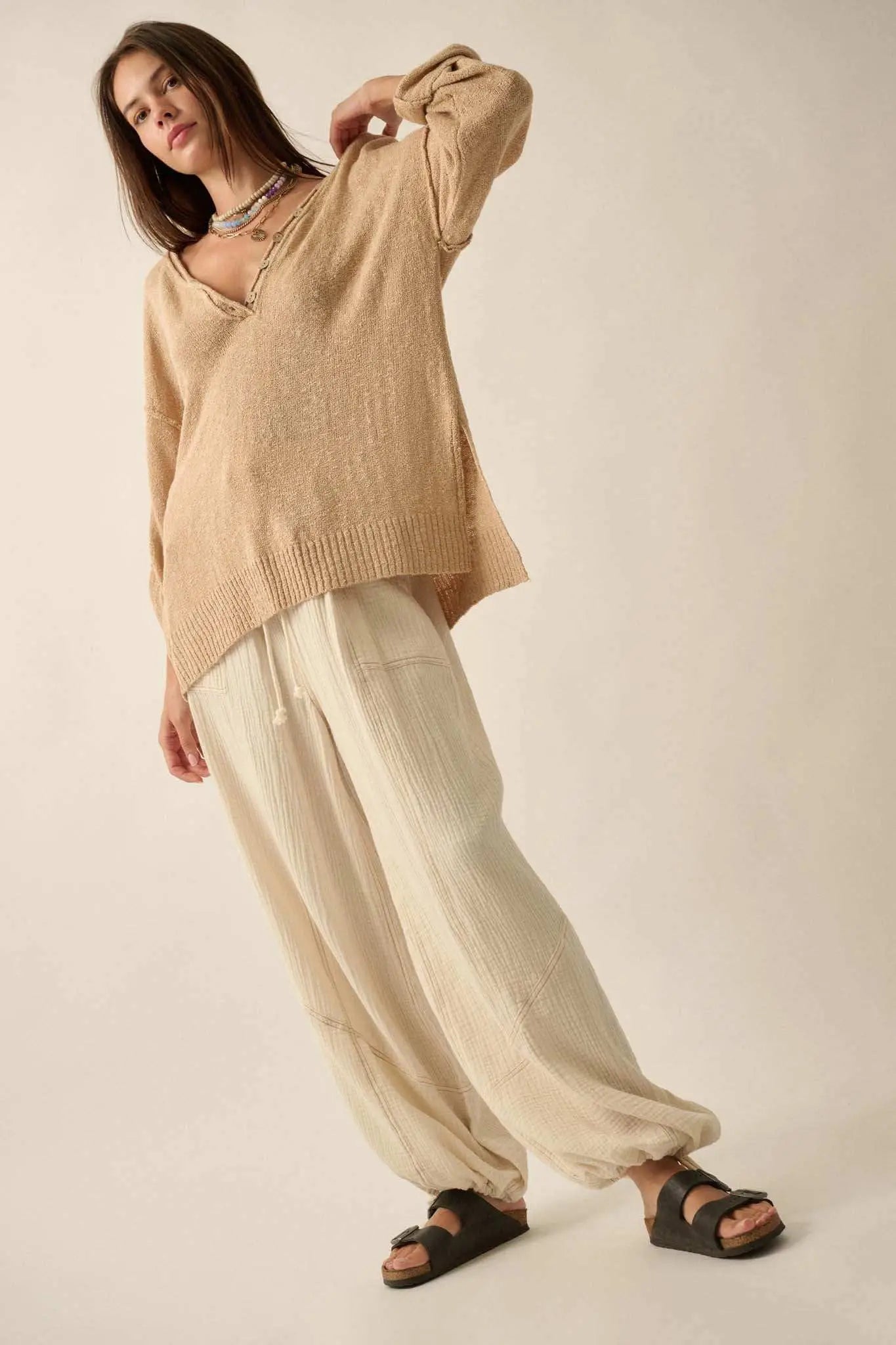 Slow Your Roll Exposed-Seam Roll-Up Henley Sweater