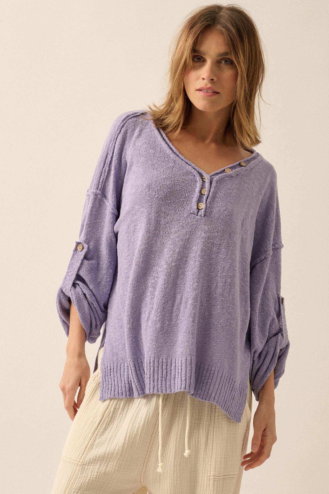 Slow Your Roll Exposed-Seam Roll-Up Henley Sweater