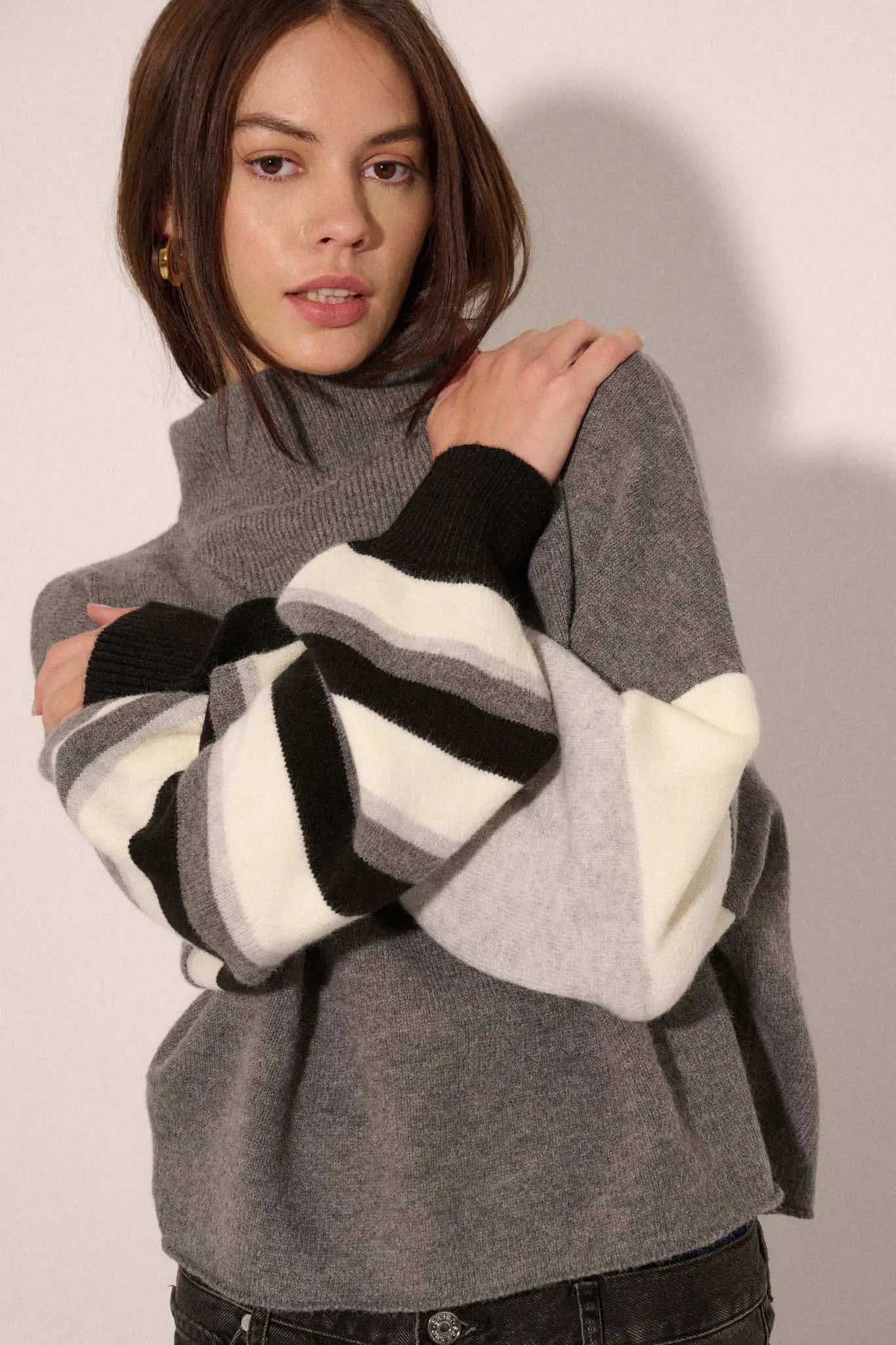 Hold On Striped Colorblock Funnel Neck Sweater