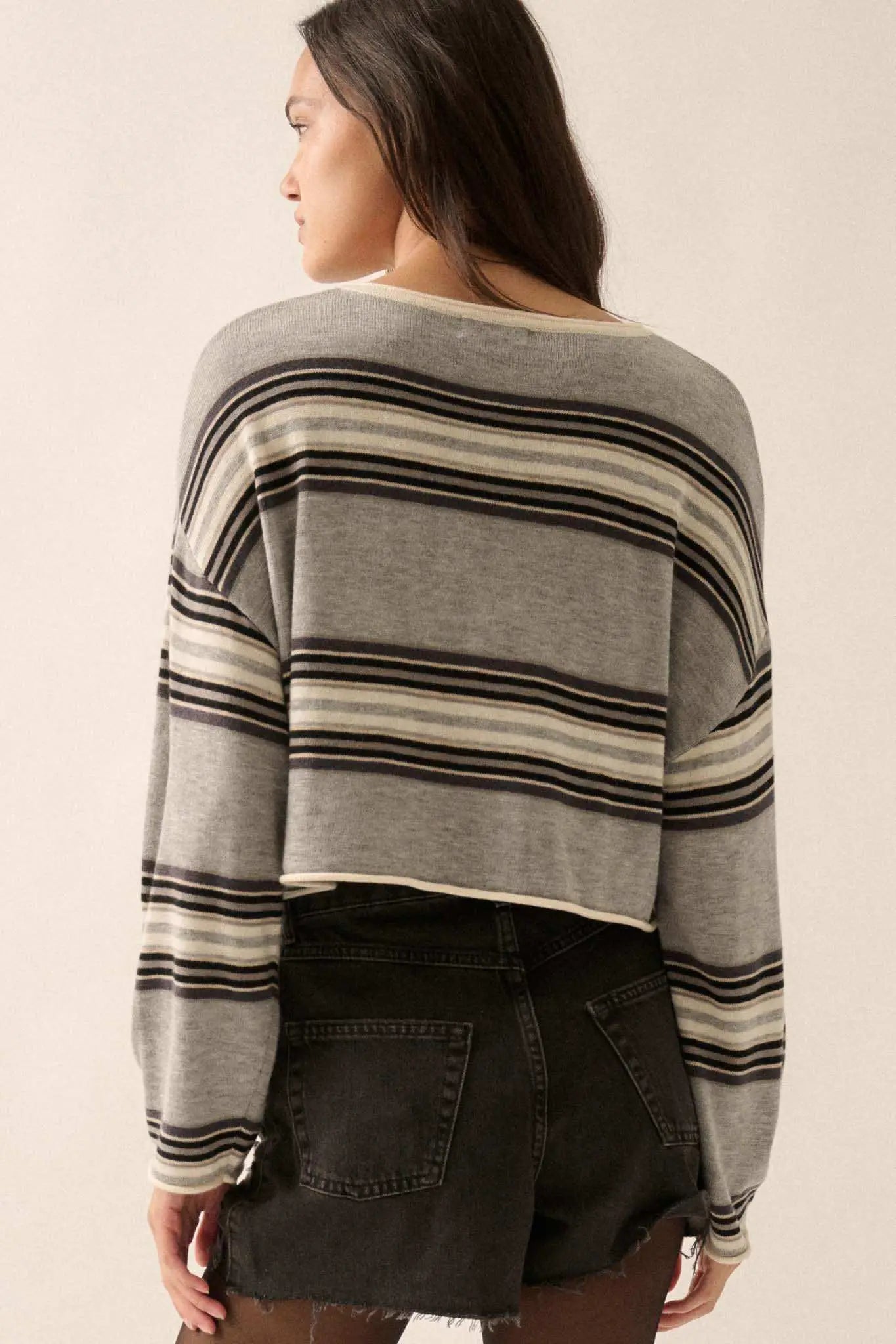 Level Best Striped Rolled-Edge Cropped Sweater