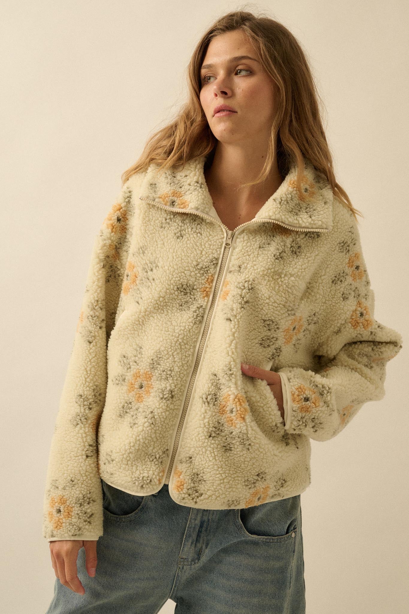 Fluffy Flowers Floral Sherpa Fleece Zip-Up Jacket