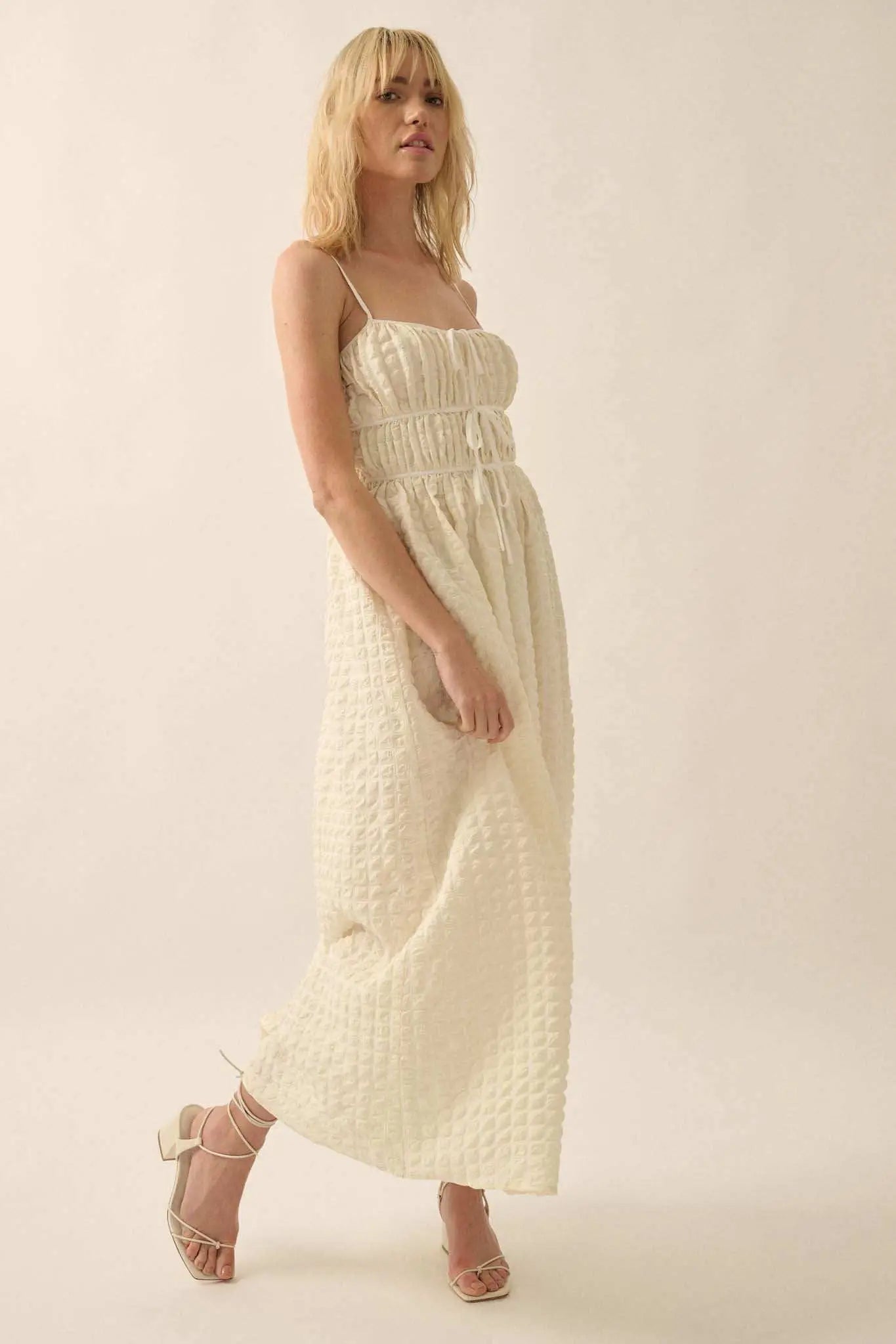 Puff Piece Textured Bubble Plaid Maxi Dress