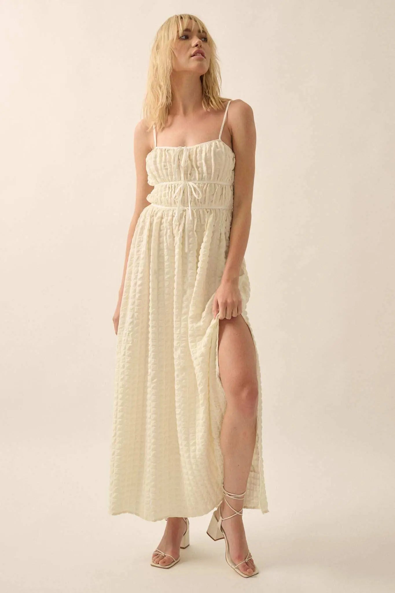 Puff Piece Textured Bubble Plaid Maxi Dress