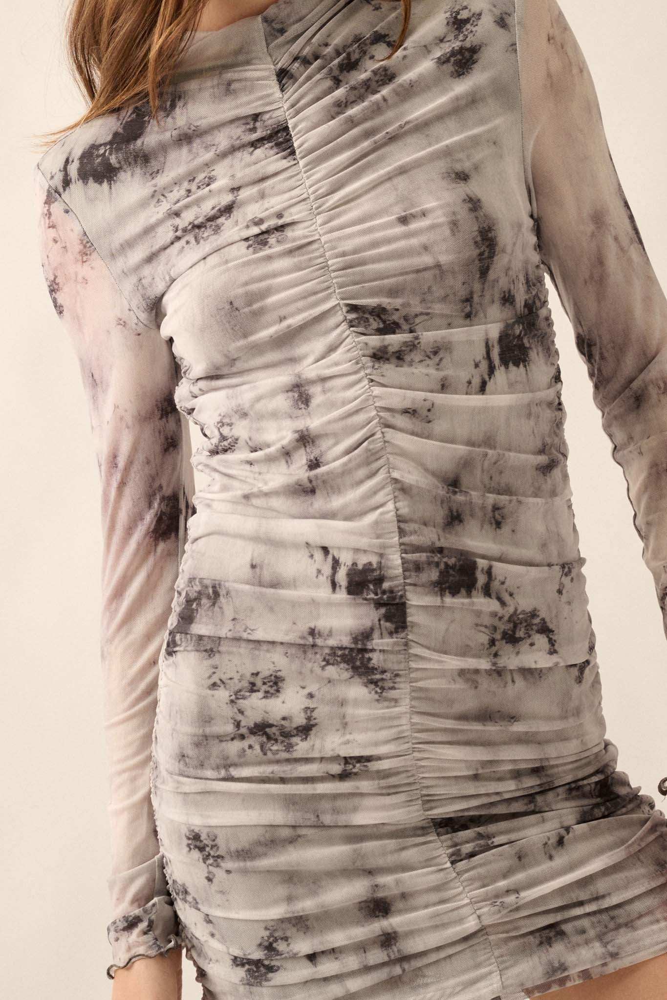 Smoke and Mirrors Ruched Tie-Dye Mesh Mini Dress