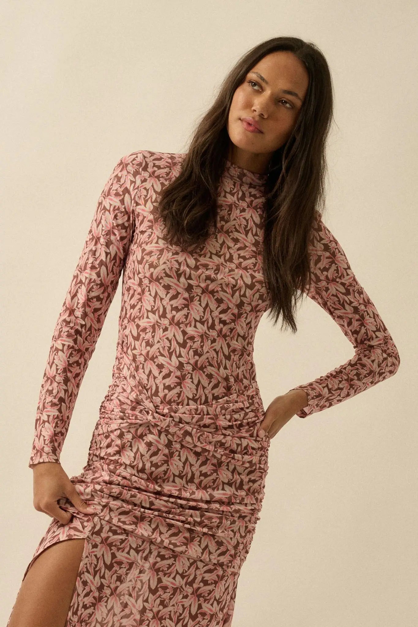 Petal Passion Floral Mesh Ruched Maxi Dress
