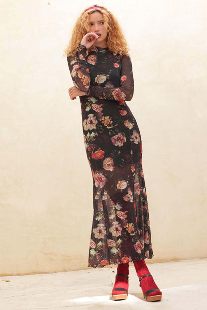 Heritage Blossoms Floral Mesh Mock-Neck Maxi Dress