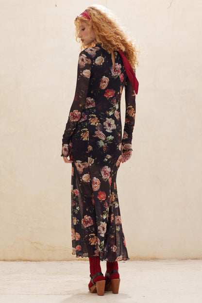 Heritage Blossoms Floral Mesh Mock-Neck Maxi Dress