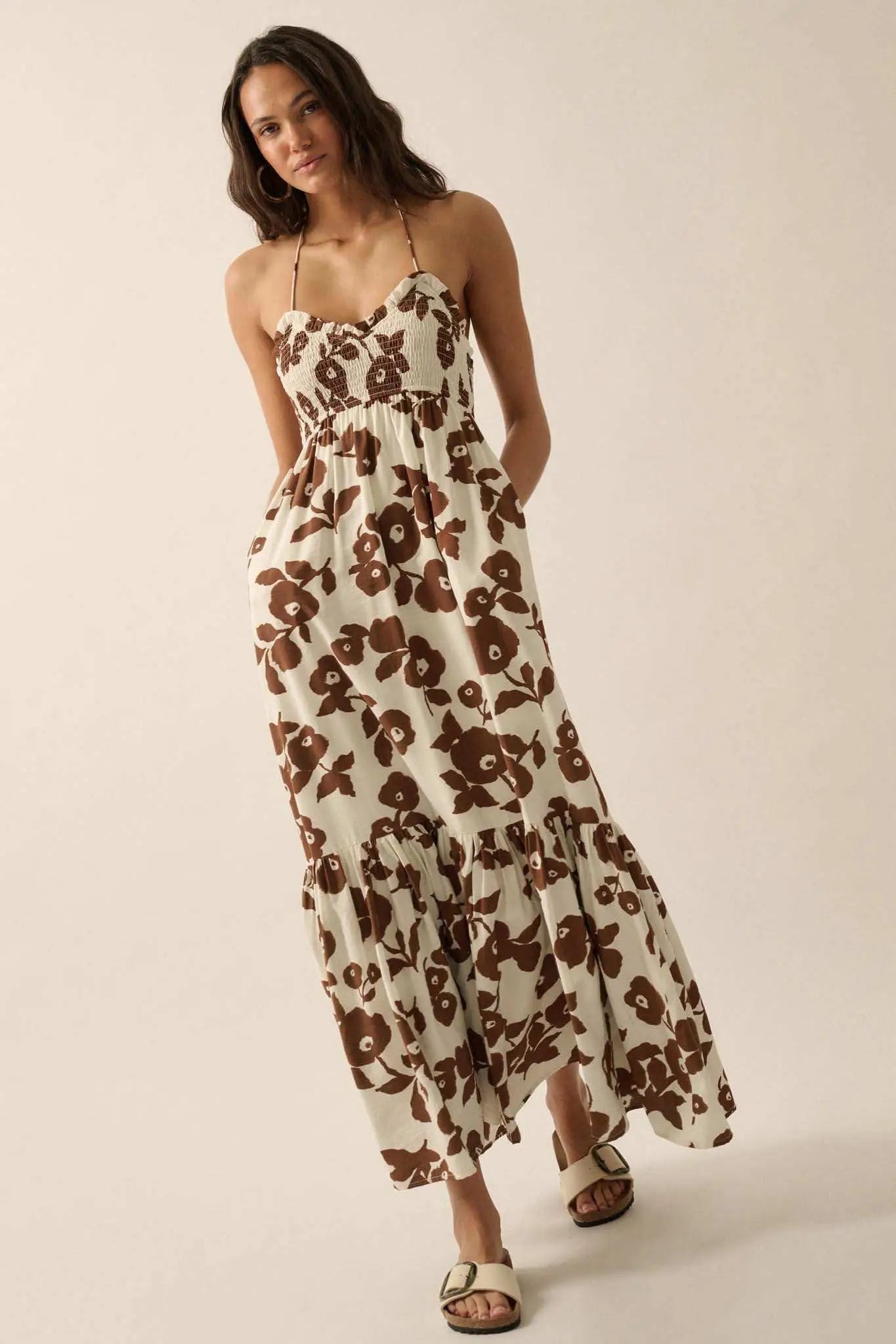 Poppy Prairie Smocked Floral Halter Maxi Dress