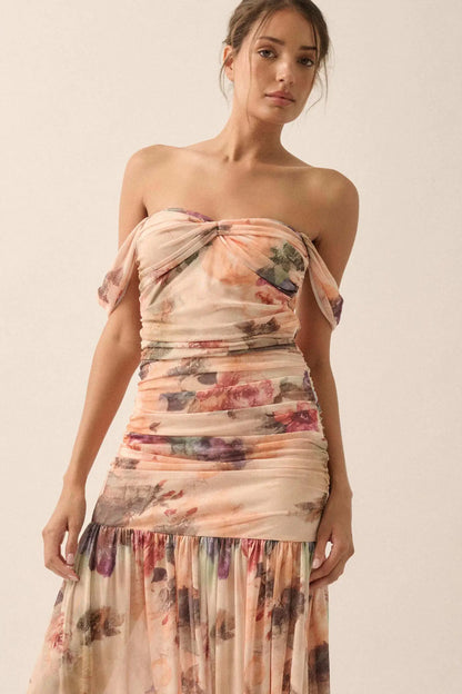 Blushing Blooms Floral Mesh Off-Shoulder Maxi Dress