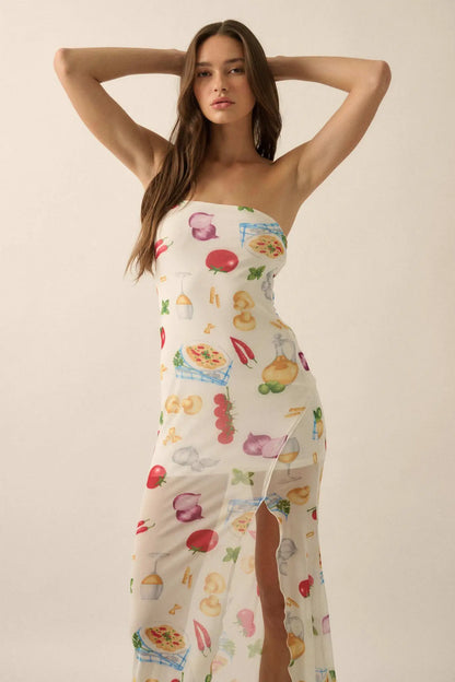Mambo Italiano Printed Mesh Strapless Maxi Dress