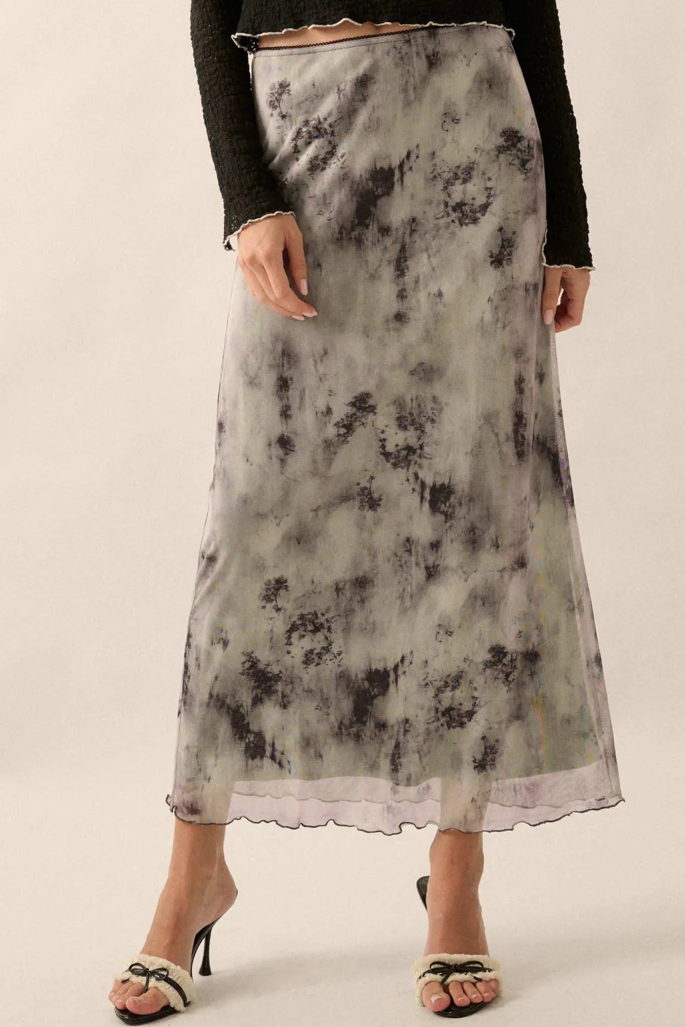 Smoke on the Water Tie-Dye Mesh Maxi Skirt