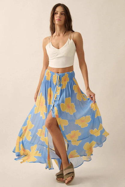 Hibiscus Grove Floral Crepe Buttoned Maxi Skirt