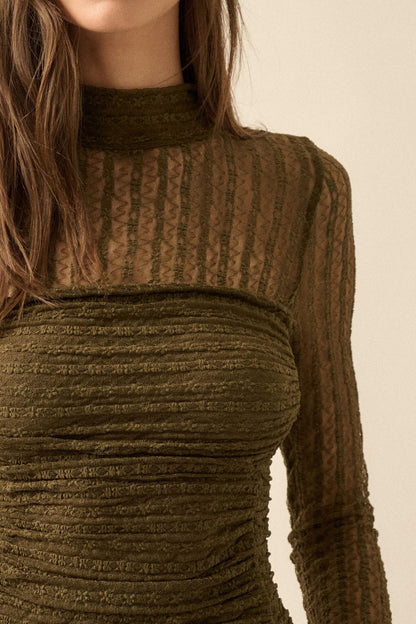 Belle Amour Ruched Striped Lace Mock-Neck Bodysuit